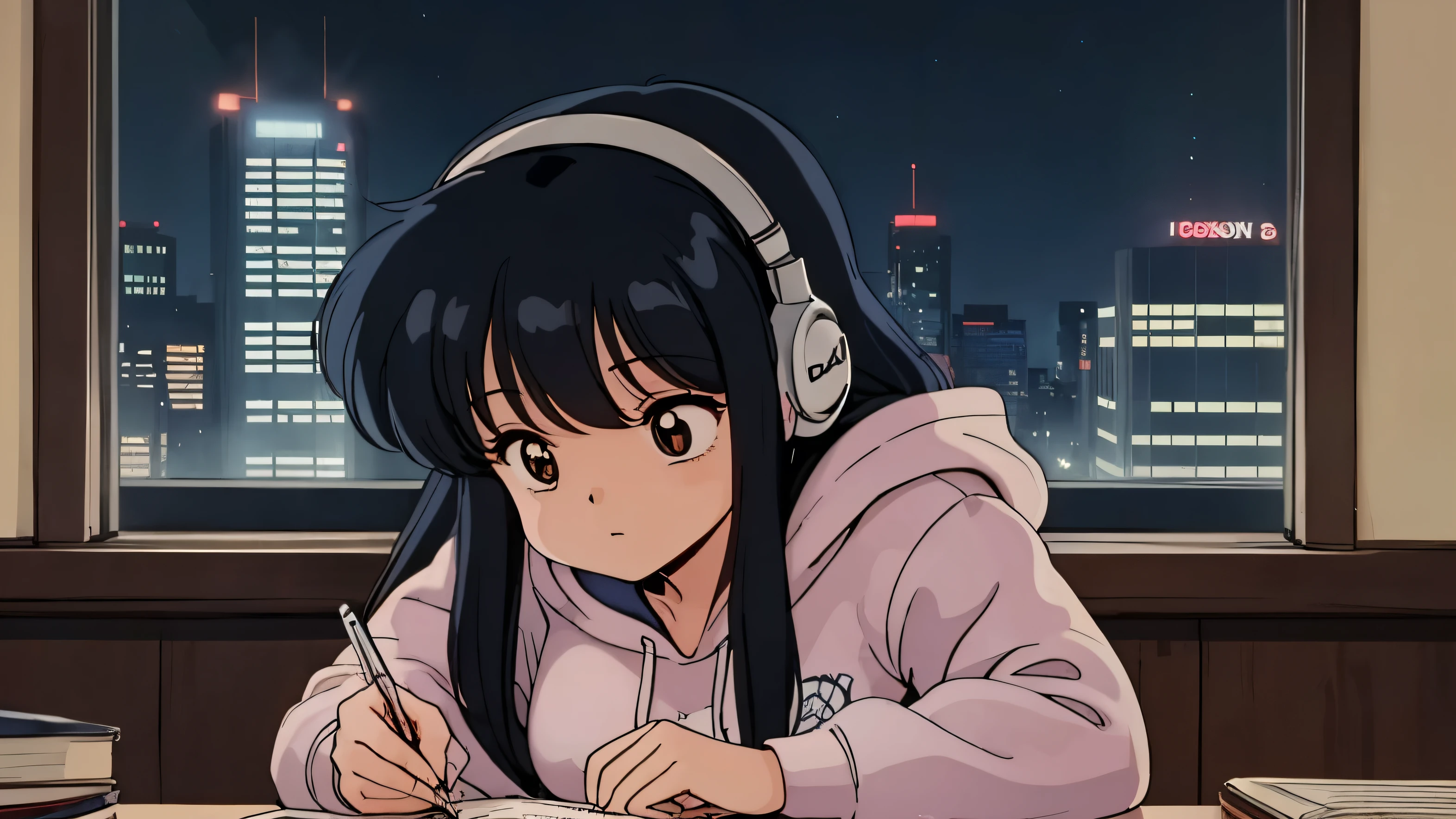 (90s anime),(city pop),(Ghibli),(ultra-detailed,master piece,best quality,high resolution,perfect eyes,perfect hands,ultra-detailed eyes,perfect fingers),(A girl wearing headphones and a hoodie and pants is studying hard at her desk in her room), (expressionless girl),(the girl doesn't look this way),(You can see the city pop-style night view from the window),(the girl is writing in a notebook,atmosphere of the night,so dark that you can see the night,so dark that you can see the night)
