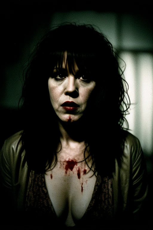 Fifty-six--old ly Ringwald, growling, with long messy hair, as a vampire, dark circles under eyes, pale skin, scene from 2024 horror film, extremely realistic, extremely detailed, extremely accurate resemblance, extreme realism, extreme detail, 4k ultra high definition, shot on 35mm film, grainy film stock, grindhouse exploitation film, grainy film print, creepy, eerie, ominous, unsettling, dark, blood from lips