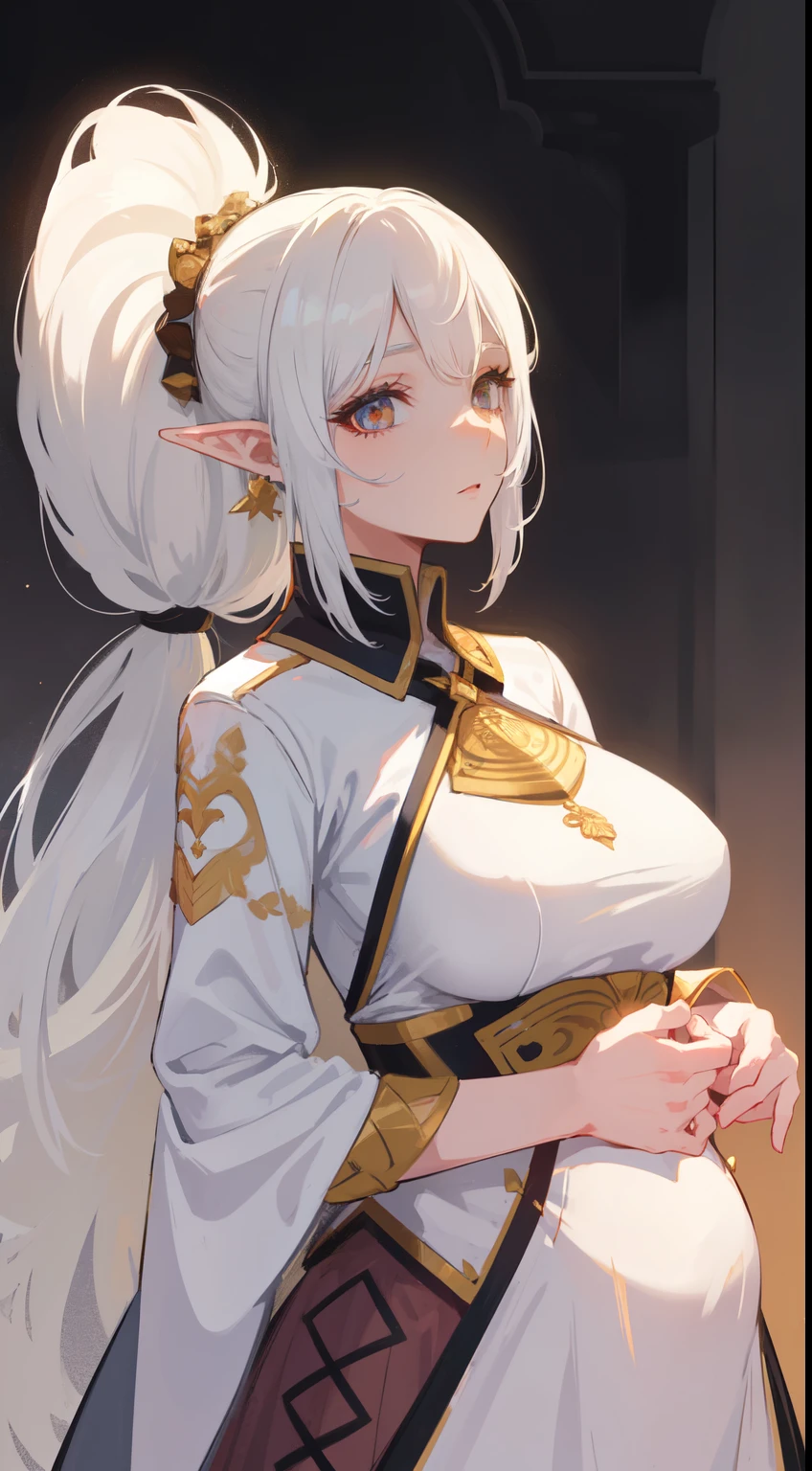 1 girl, wearing a queen's uniform, white hair style split flowers, her hair is tied up beautifully with a cute clip, sharp golden eyes, she is elves milf ((37 year old face)) ((no multiple people)), pregnancy