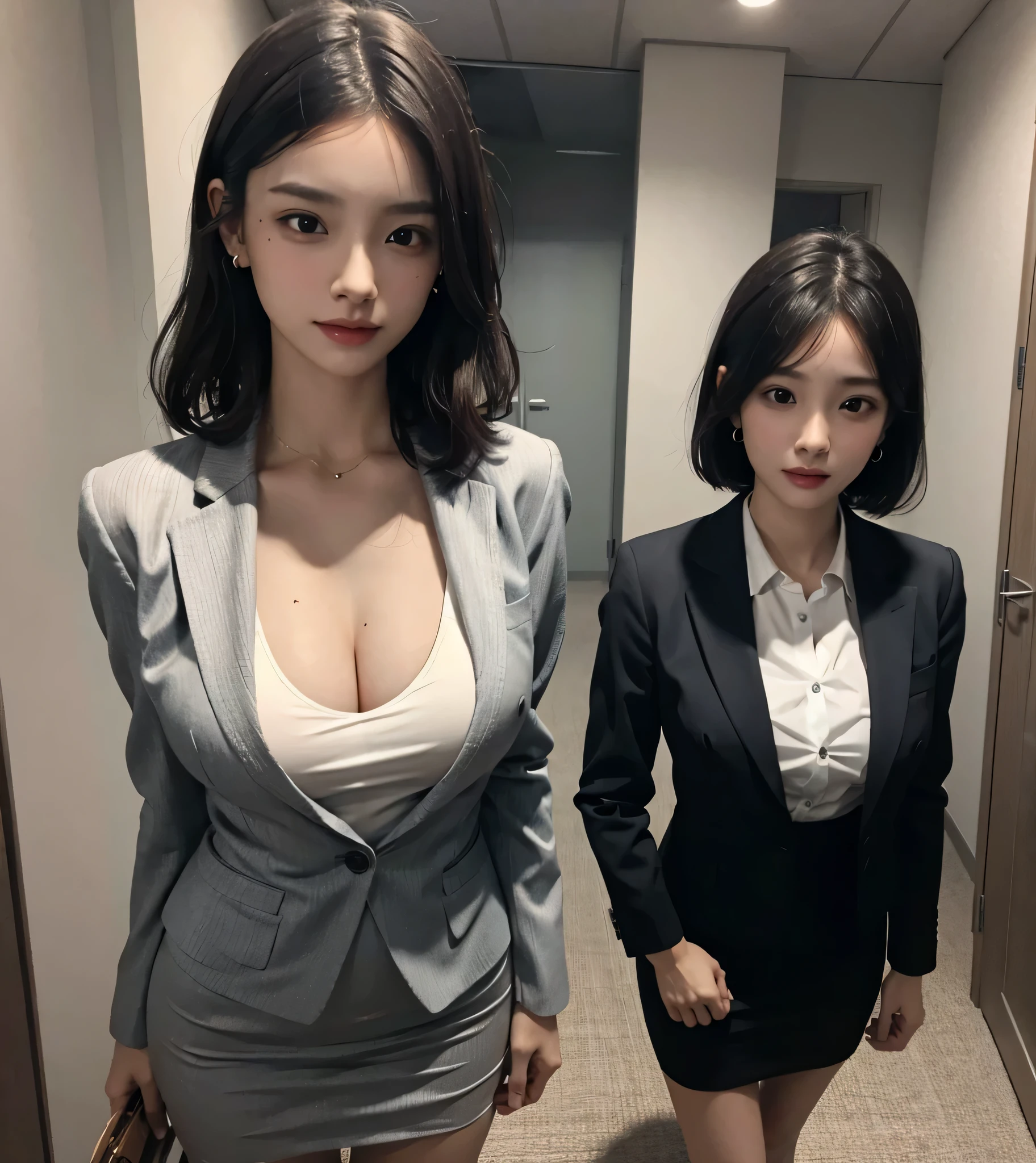 absurdres, RAW photo, extremely delicate and beautiful, masterpiece, Best Quality, ultra high resolution, 32k, hyperrealistic, ultra-detailed, perfect anatomy, perfect figure, super Detailed skin, 30 years old, very Slim body, narrow waist, very small head, very small face, delicate facial features, tearful mole, earring, thin legs, (((very huge round breasts))), (((full body shot))), (((2 girls))), short medium hair, ((wavy hair)), wet clothes, ((business suit)), ((blazer)), ((tight collared dress shirt)), short pencil skirt,