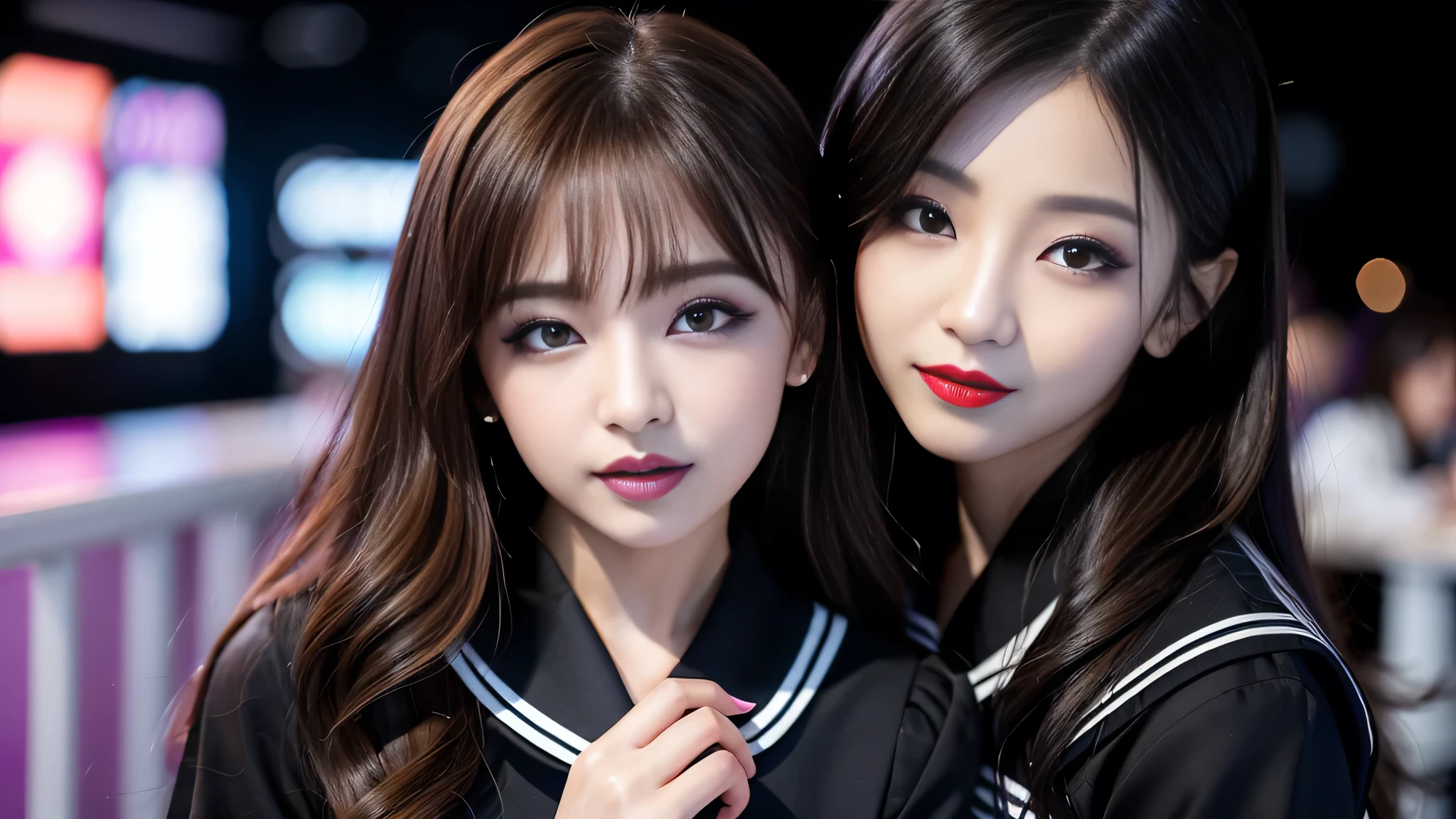 One woman、best quality、ultra-detailed、4k、Japanese、Seductive beauty、seductive adult woman、Pretty Woman、cool girl、Villainess、Brainwashed、brainwash、Fallen into evil、smirk、Evil look、Wicked Smile、evil、Brown hair、wavy hair、swept bangs、dark makeup、dark makeup、piercing eyes、hollow eyes,half-closed eyes、Hollow Eyes、purple Eyeshadow、black lipstick、black lipglos、Female student、uniform、Sailor suit、night、inside darkroom、Having lipstick、