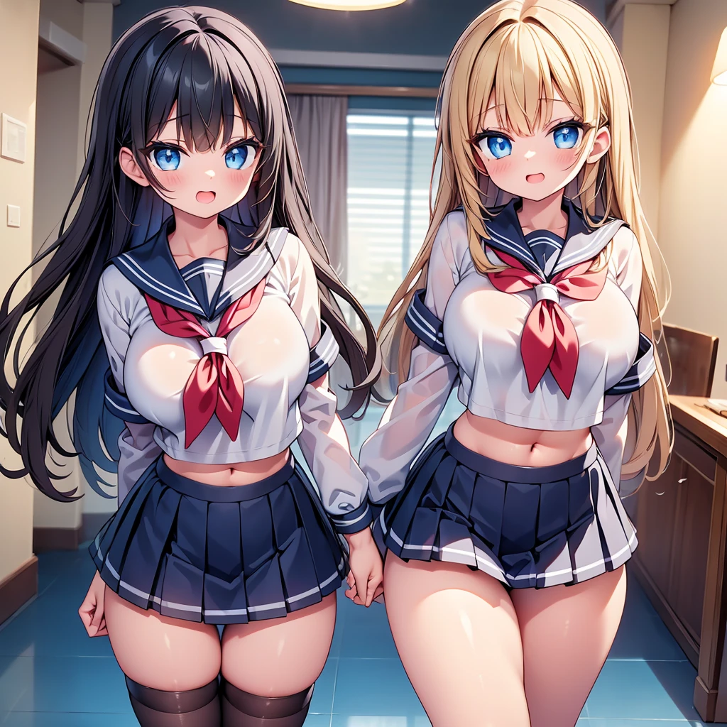 (cute eyes:1.2), (sparkling eyes:1.2), highest quality,wonderful,finely,extremely detailed CG Unity 8K wallpaper, Sisters flock together, All the girls are sisters, clone, Identical sisters, (sailor uniform, clothed), (huge breasts), (open mouth:1.1), (long tongue:1.1), (mouth drool:1.1), (black stockings:1.1),(Thighs:1.3),(Waistline:1.1),(midriff peek:1.1)