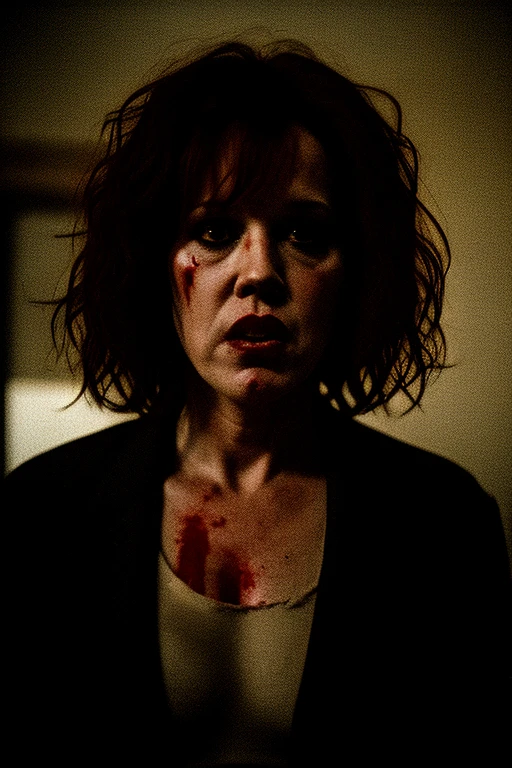 Fifty-six-year-old Molly Ringwald, angry, growling, with long messy hair, as a vampire, dark circles under eyes, pale skin, scene from 2024 horror film, extremely realistic, extremely detailed, extremely accurate resemblance, extreme realism, extreme detail, 4k ultra high definition, shot on 35mm film, grainy film stock, grindhouse exploitation film, grainy film print, creepy, eerie, ominous, unsettling, dark, blood from lips, menacing, deteriorated film stock