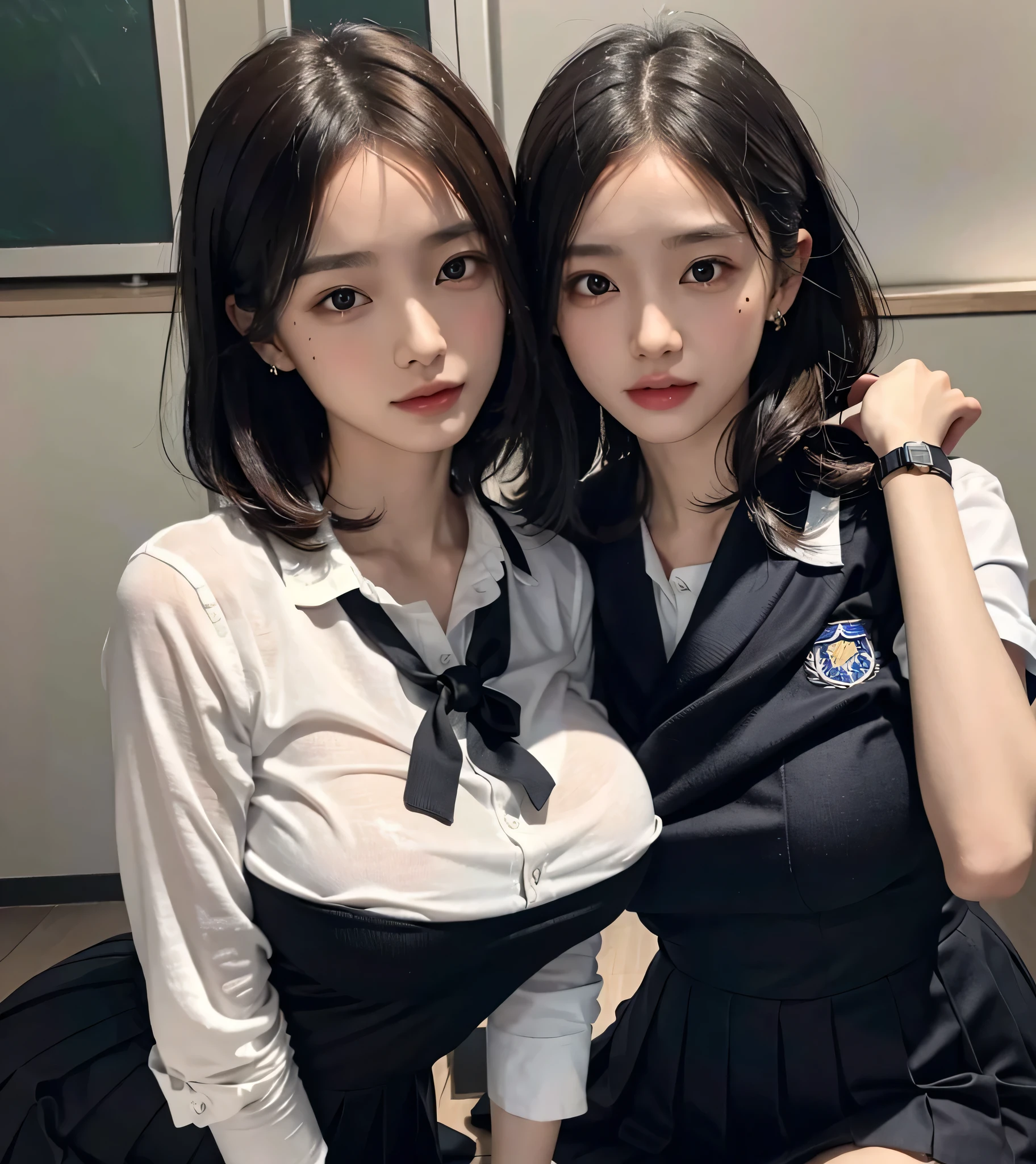 (8k, RAW Photos, highest quality, masterpiece:1.2), masterpiece, highest quality, shape, Very detailed, Fine details, High resolution, 8k,wallpaper, Perfect dynamic composition,(High quality with attention to detail, Realistic depiction of eyes:1.3), ((2 girls, Two high school girls)), The background is a room in a luxury hotel、 uniform、blazer 、Super Short Check Uniform Skirt、Navy blue knee-high socks、garter belt、Huge 、Disheveled uniform, Play with each other,Touching each other's bodies,Touching the body of the girl next door, Short Bob Hair, Black hair color, Hugeな胸, Big Natural Color Lip, Bold sexy pose, (Perfect shape), Crying a little、Cold Stare, Beautiful Makeup,Glitter makeup,The cutest 18 year old, Beautiful legs, Carving an idol pose, Voluptuous thighs, BREAK ceremony,((Random sexy poses、put in、Deep joy, Ecstatic eyes:1.2)), ((I gasp hard:1.2))、Ecstatic face、Climax expression, My whole body is convulsing, Skirt lifts