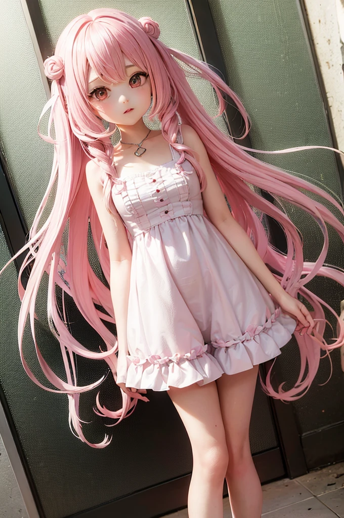 Pink and white pastel hair Wavy Long Hair Heart Hair Ornament Pink Eyes Pink and white one piece Girl cake