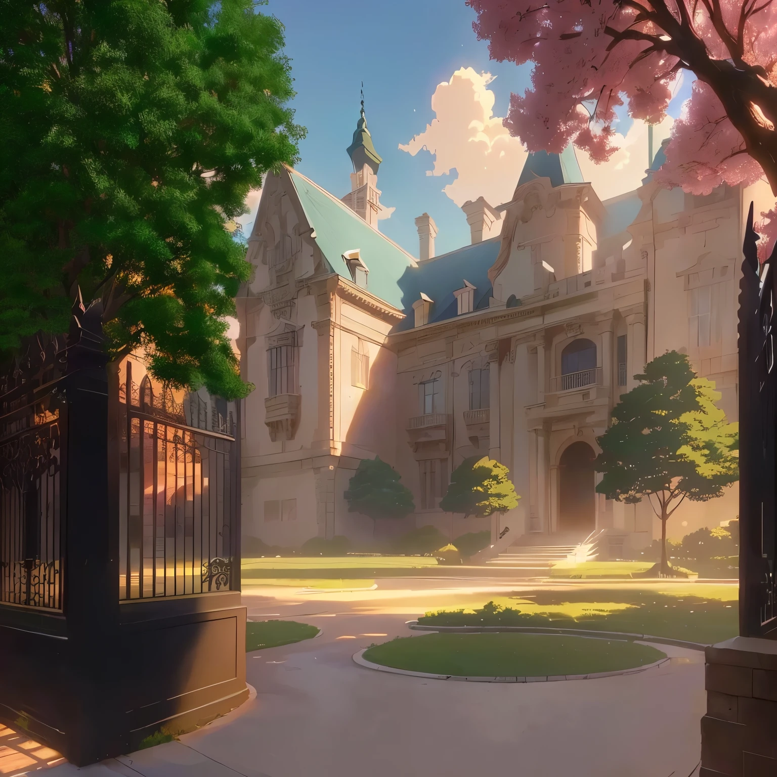 cena de anime of a large mansion with a gate and a tree, anime arte de fundo, cena de animery concept art, cena de animery, high school background, ( ( makoto shinkai ) ), beautiful cena de anime, beautiful cena de animery, madhouse studio anime style, arte de fundo, makoto shinkai. —h 2160, cena de anime, fundo de filme de anime