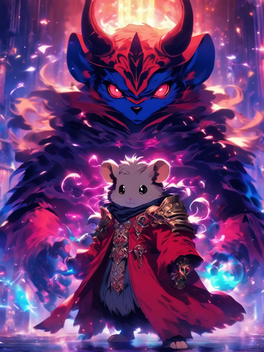 hamsterdemon,Fettigkeit,dressed in armor,rote Robe,Mit einer langen Axt in der Hand