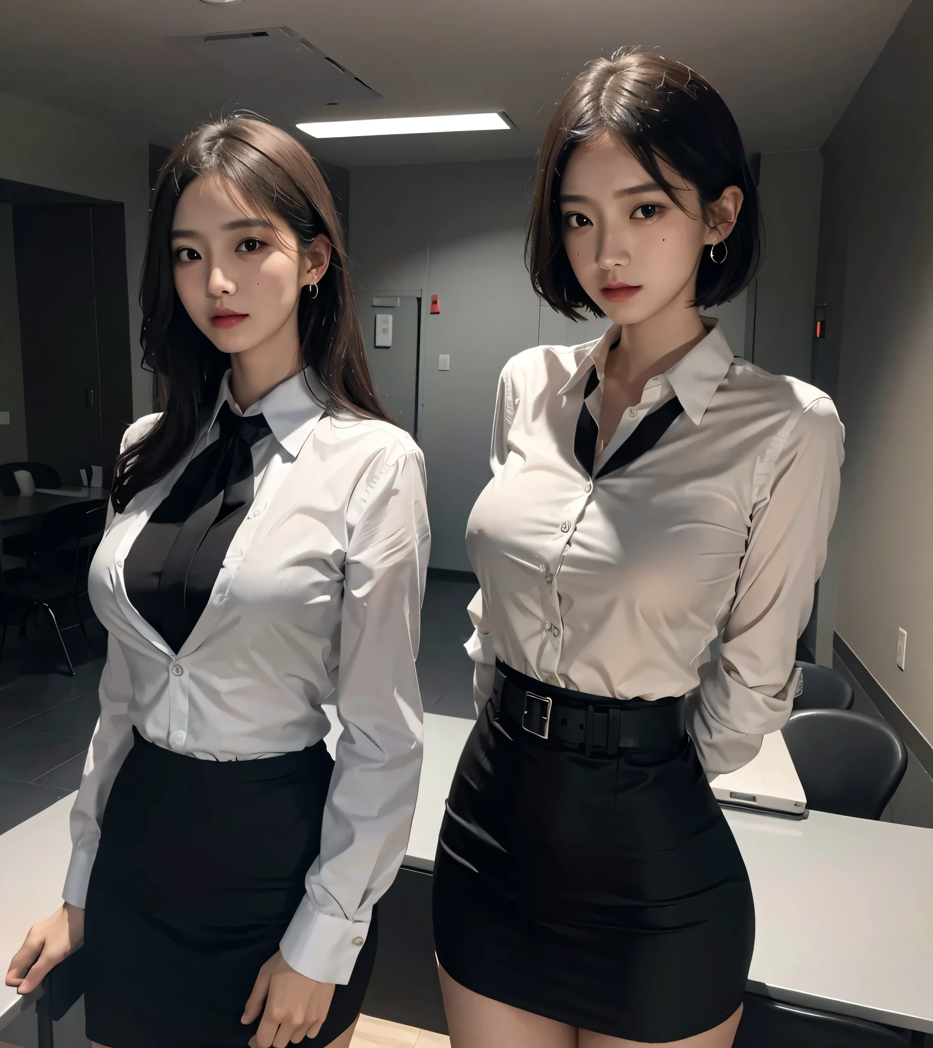 absurdres, RAW photo, extremely delicate and beautiful, masterpiece, Best Quality, ultra high resolution, 32k, hyperrealistic, ultra-detailed, perfect anatomy, perfect figure, super Detailed skin, 30 years old, very Slim body, narrow waist, very small head, very small face, delicate facial features, tearful mole, earring, thin legs, (((very huge round breasts))), (full body shot), ((2 girls)), short medium hair, ((wavy hair)), wet clothes, (tight clothes), (business suit), (blazer), short skirt, (((collared dress shirt))), (classroom),