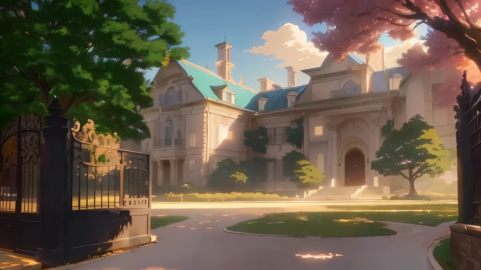 cena de anime of a large mansion with a gate and a tree, anime arte de fundo, cena de animery concept art, cena de animery, high school background, ( ( makoto shinkai ) ), beautiful cena de anime, beautiful cena de animery, madhouse studio anime style, arte de fundo, makoto shinkai. —h 2160, cena de anime, fundo de filme de anime