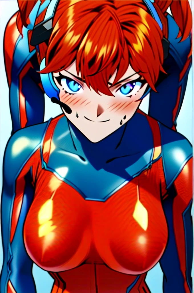 Twintail, red haired, 1girl, grey eyes, well toned, well built, muscled, toned muscles, blushing, sweating, smiling, immature, nude nipples, unfiltered femininity, (Overhead view),dynamic angle,ultra-detailed, illustration, close-up, straight on
 ((interface headset, red bodysuit:1.4)), (glowing eyes:1.233),(beautiful and detailed eyes:1.1)