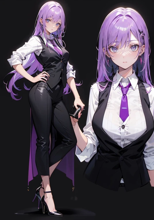 ((Perfect Face)),((smile)),Purple Hair,voluminous long hair,1 female,bartender,suit,Black vest,Shirt with rolled up sleeves,tie,slit,High heels,,((Simple Background)),smile,((whole body)),((whole body)),Portraiture,virtual,upright,,Both arms are down,Standing upright with face and body facing forward,