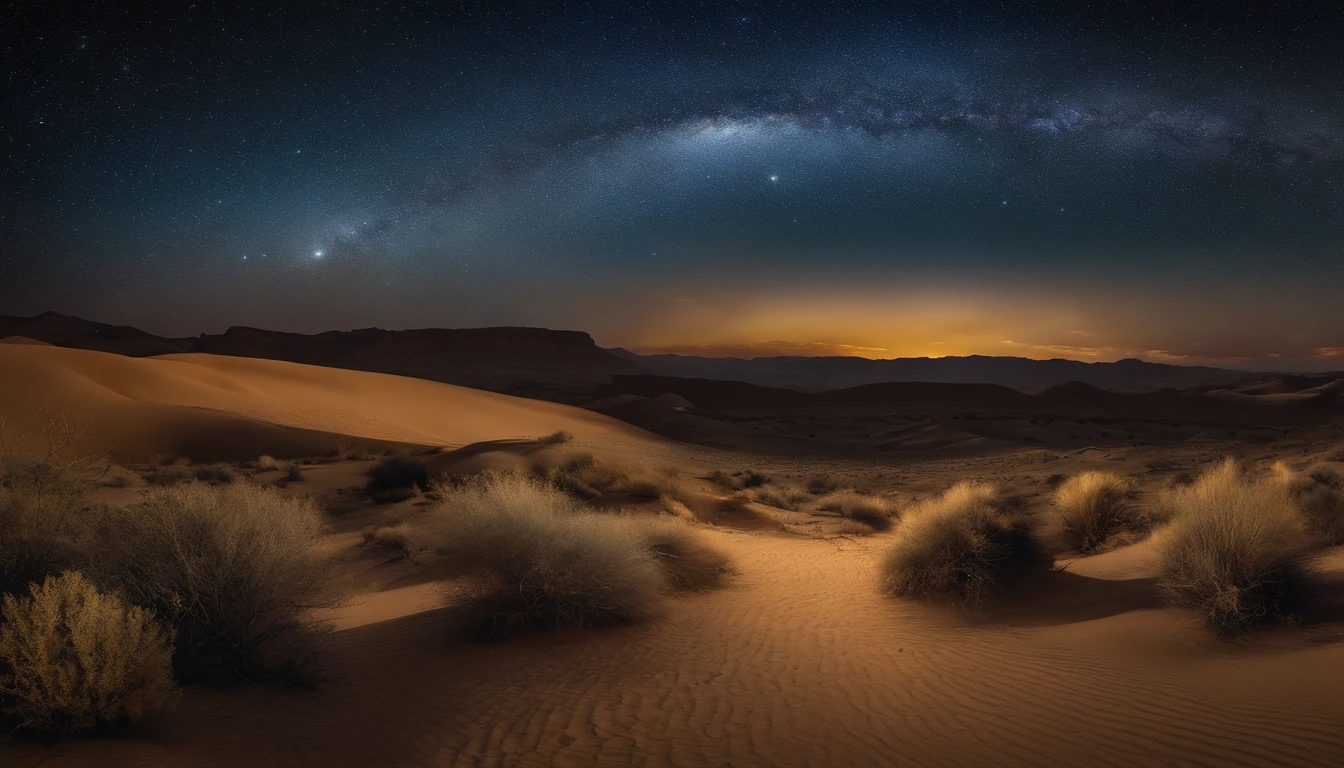 Breathtakingly beautiful,Van Gogh-style starry sky，In the quaint night sky，((rolling desert))，spread,masterpiece，detailed，Blurred foreground，Movie special effects，Light and shadow effects，detailed，KHD,Vast desert landscape