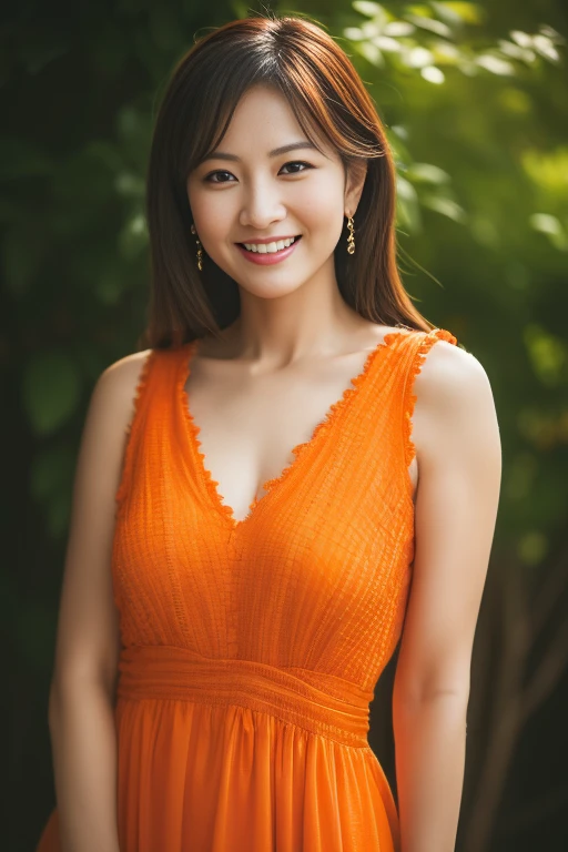 highest quality, masterpiece, High resolution, Photorealistic, RAW Photos, 8k wallpaper, perfection, Professional Lighting, Very detailed, Written boundary depth, ((One beautiful woman)), 40 years old, Sexy Woman, ((Orange Dress)), smile, ((look into the viewer&#39;eye)), Detailed face, 美しいeye, ((Look forward)),, sunny, bangs, Large Breasts, Cleavage, Brown straight hair, Faint lips,  ((Place your arms between your legs))