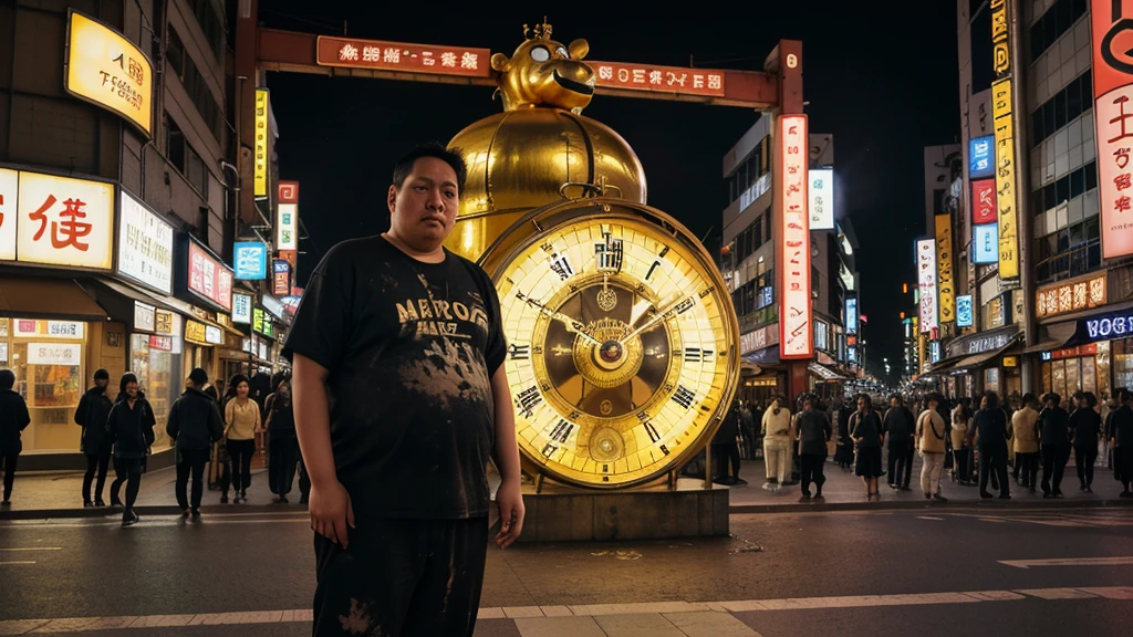 In front of the Nagoya Golden Clock, a 158cm tall man, overweight, dirty clothes, timid, big shoulder bag, short arms, short legs, downtown at night, neon lights
