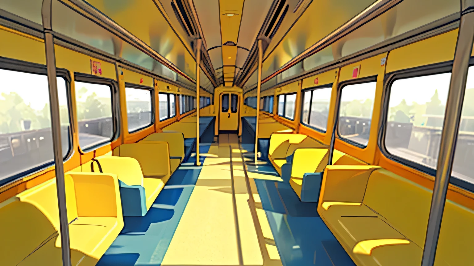 wide shot of a train interior, there is people. Yellow walls, blue seats. People sitting. People. A lot of people