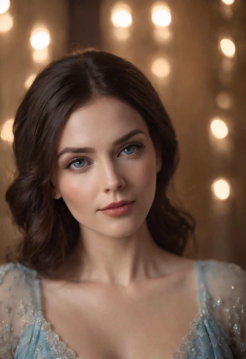 As the camera pans around the room, the magical bokeh of the lights creates a dreamlike atmosphere. No centro da sala, is a milf goddess with wavy black hair, boca grande, fleshy lips and blue eyes. She wears a shirt with a generous neckline, drawing attention to her large breasts., adding a touch of mystery to its already intriguing presence. its intricate details adding to the overall cinematic feel of the scene.