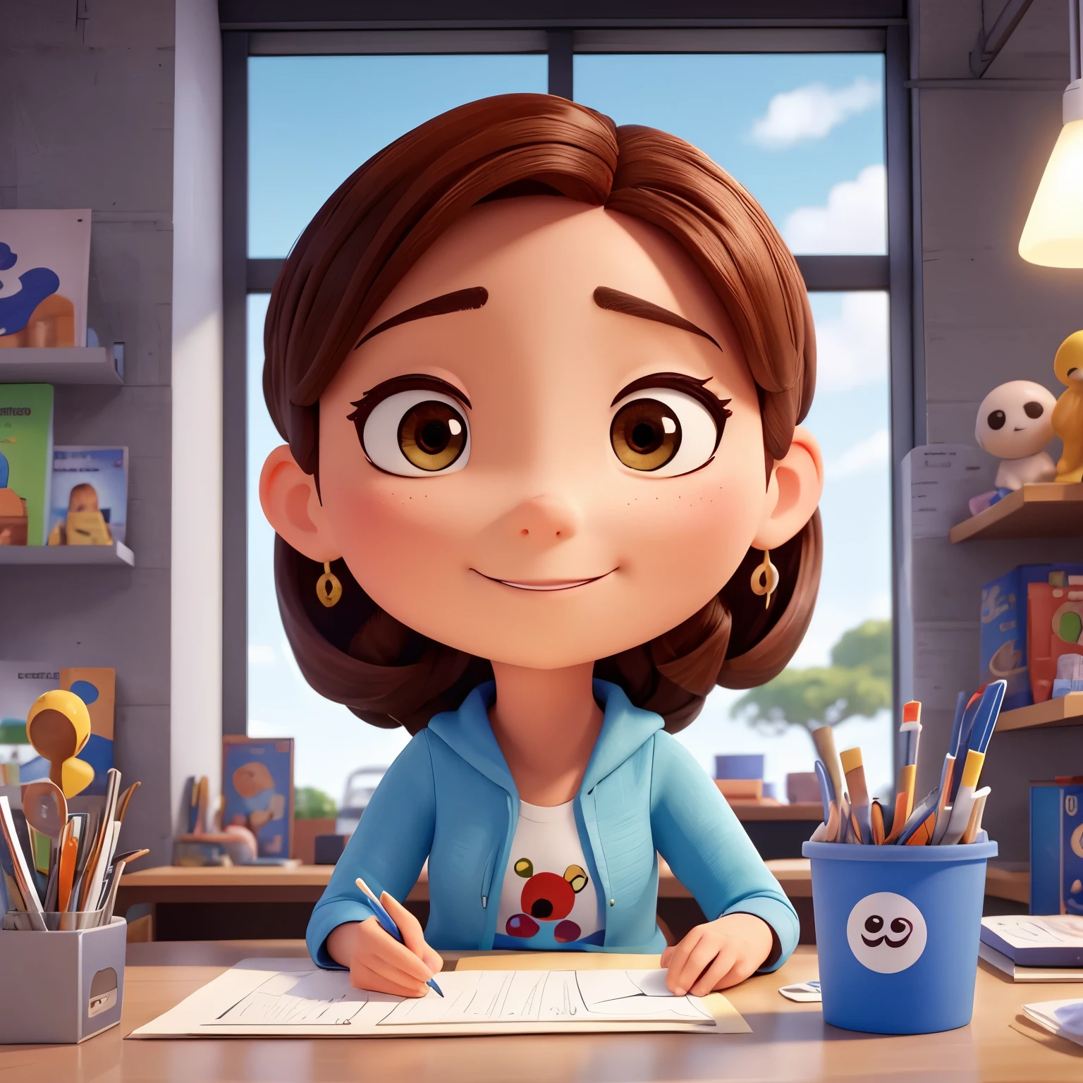 Use o planeta terra com um personagem, o planeta com rosto kwaii, The setting is a printing shop with several printers and some papers on the table, impresso no papel utilize um exemplo de feed do instagram, The name of my company is MundoCute Papelaria