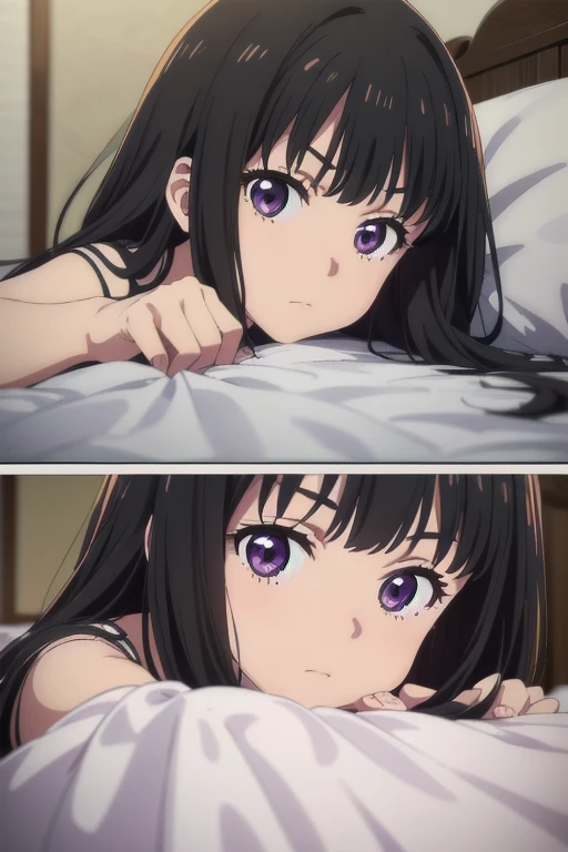 (((Pixel Perfect, Perfect detail))), ((alone, 1 girl)), takina inoue, Looking at the audience, Shut your mouth, (lying prone on the bed:1.3), indoor, (full Body)
