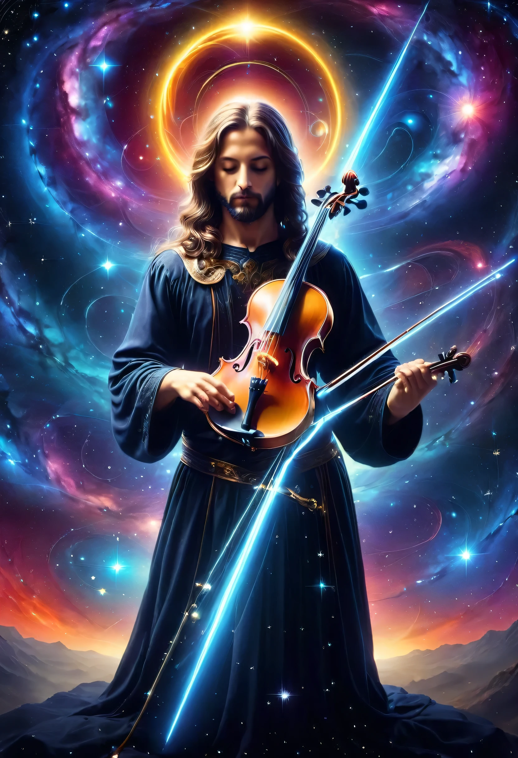 jesus tocando violino sobre o universo celestial