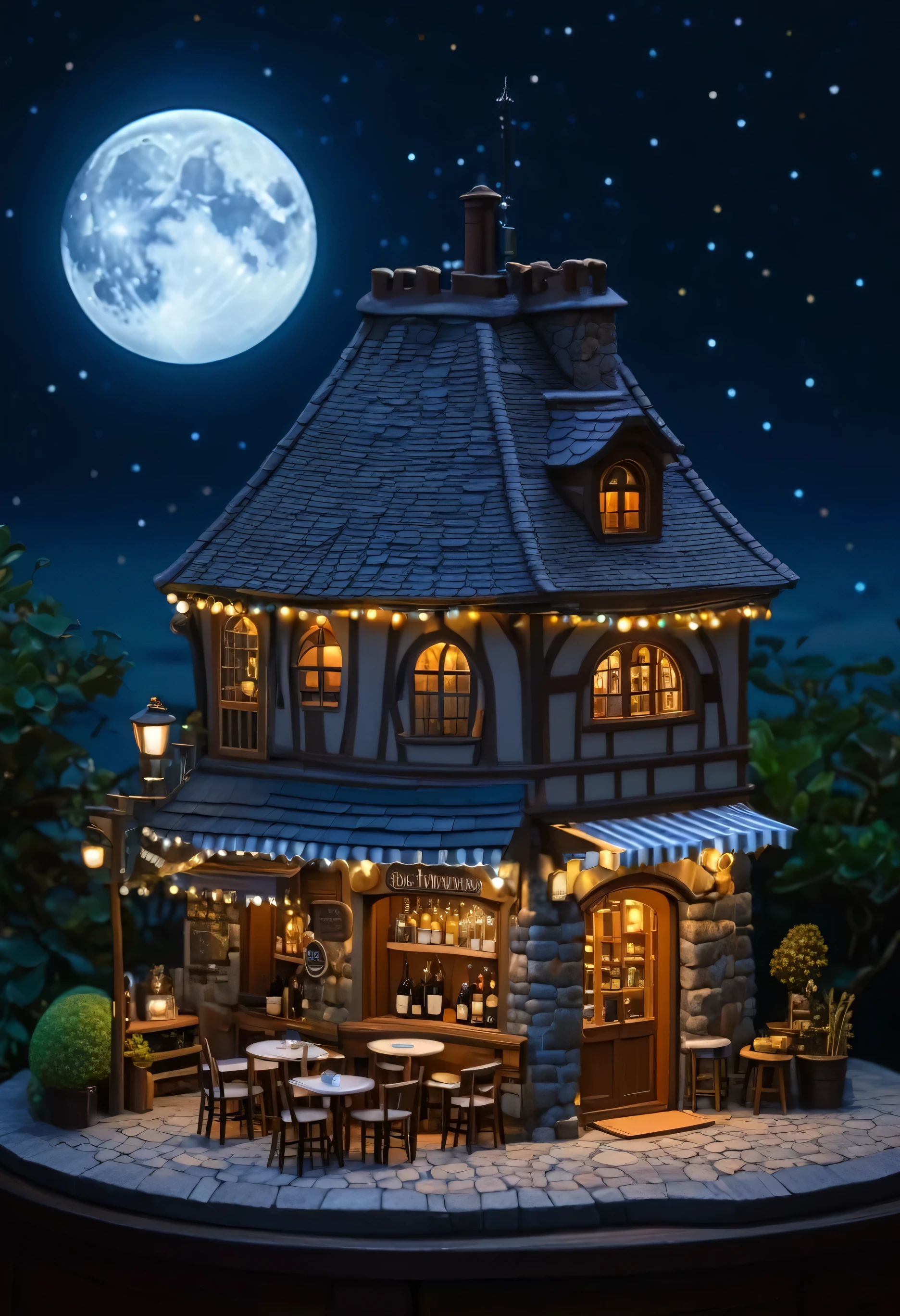 there is a miniature model of a wine cellar with a full moon in the background, moonray render, a multidimensional cozy tavern, moonlit starry sky environment, miniature cafe diorama, moonlit night dreamy atmosphere, moon light fish eye illustrator, high detailed store, cartoon moody scene, moody :: studio ghibli, miniature world, dimly-lit cozy tavern