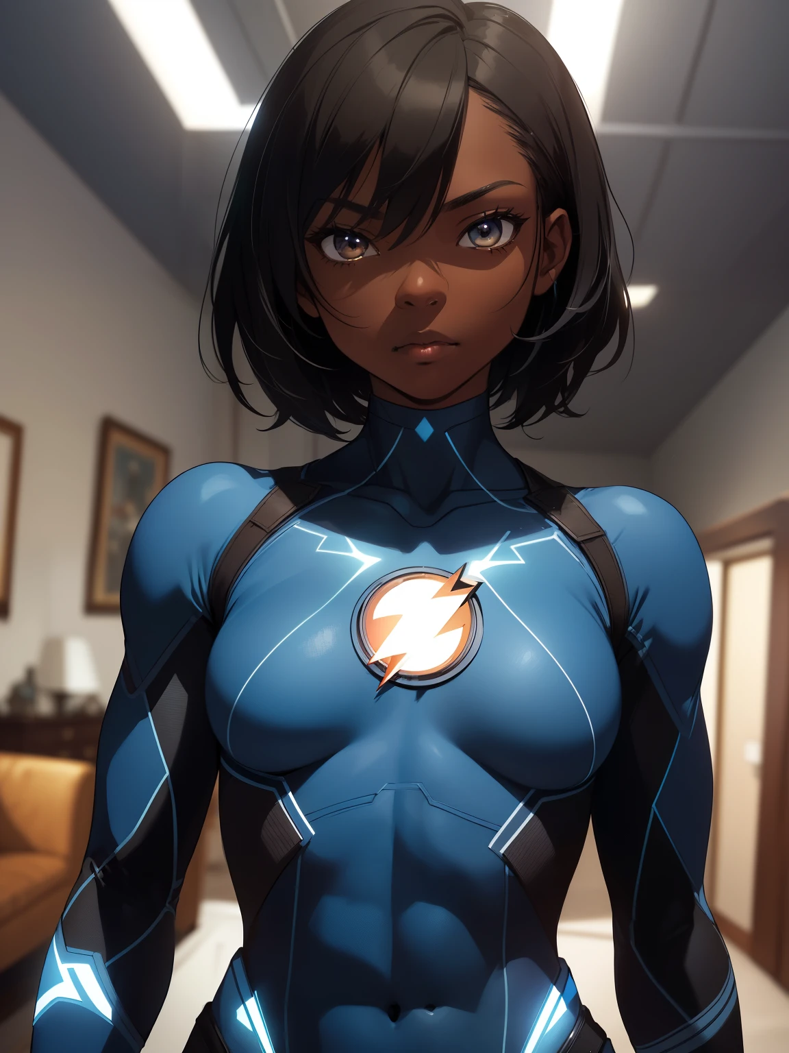 (best quality), (masterpiece), (ultra detailed), sharp focus, ((Ebony skin)), ((medium hair)), solo, (looking at POV), upper body, living room, scenery, ager, neutral face, small breasts, wearing ((blue superhero flash like outfit))