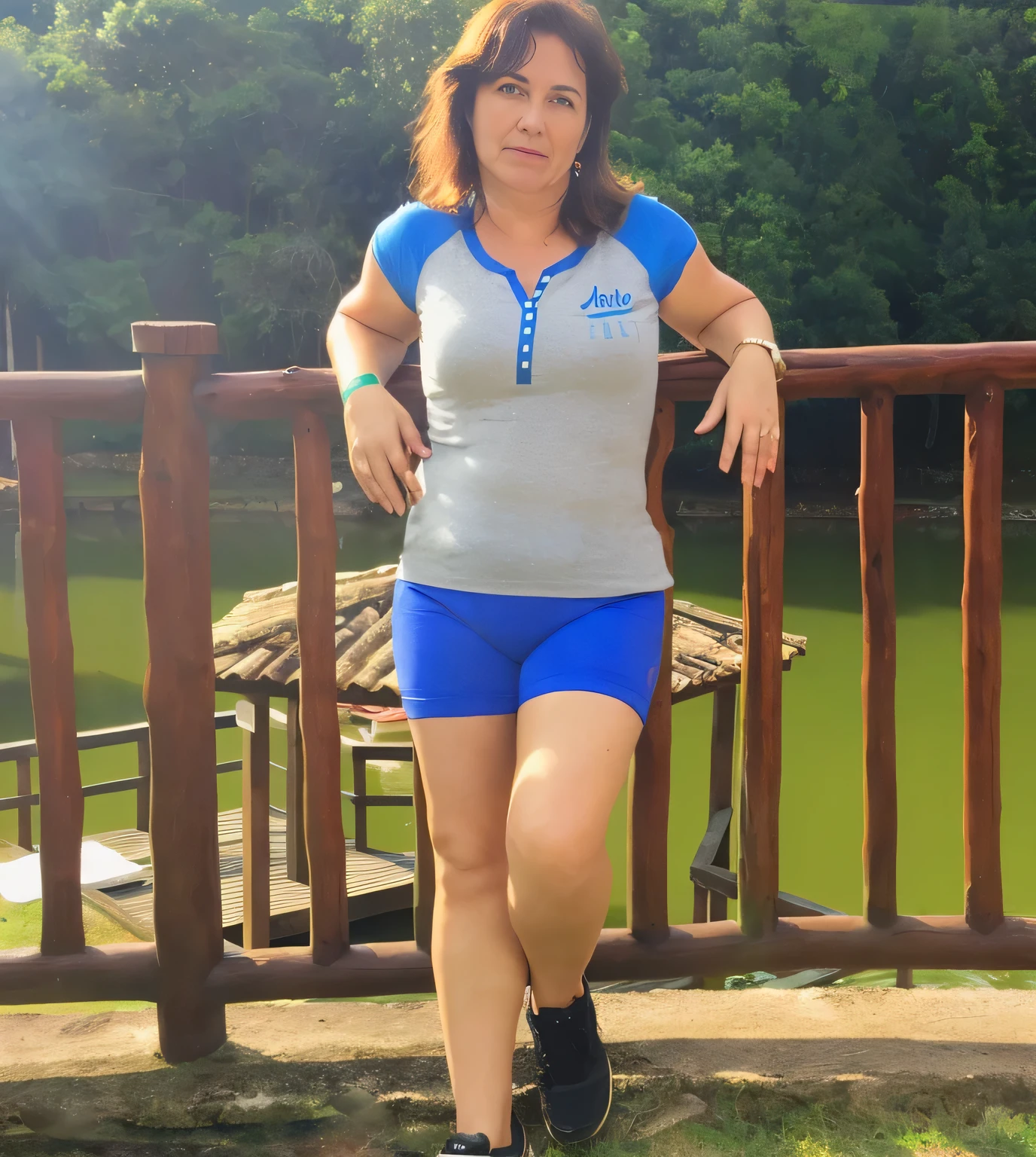 there's a woman standing on a wooden deck, standing on a bridge, cottagecore!! fitness body, with mountains in the background, she is walking in a river, wearing athletic gear, she is around 40 years old, very short and tight blue shorts, gray tank top with blue collars, hiking clothes , striking a cheeky pose, wearing adventure gear, shot in the waist, posing like a model, wearing very short and tight blue shorts, wearing a gray tank top with a blue collar, wearing gym equipment, wearing gym equipment, adventure gym, pose sassy, full body - front shot, woman wearing jetpacko, adult woman, detailed body, beautiful face, full body, full shot, tanned supermodel, beautiful eyes, perfect face, medium breasts, 39 year old woman, wide hips, HDR, hands well lit, photorealistic, detailed, realistic hands, 5 fingers per hand, alone, dark hair, gray blouse with blue collar, black shorts, full body photo, clear, high quality photo. Beautiful woman, extremely sexy, very sensual. Masterpiece: 1.3, high resolution, (photographically realistic), 8k, NUDE, NUDITY, NFSW