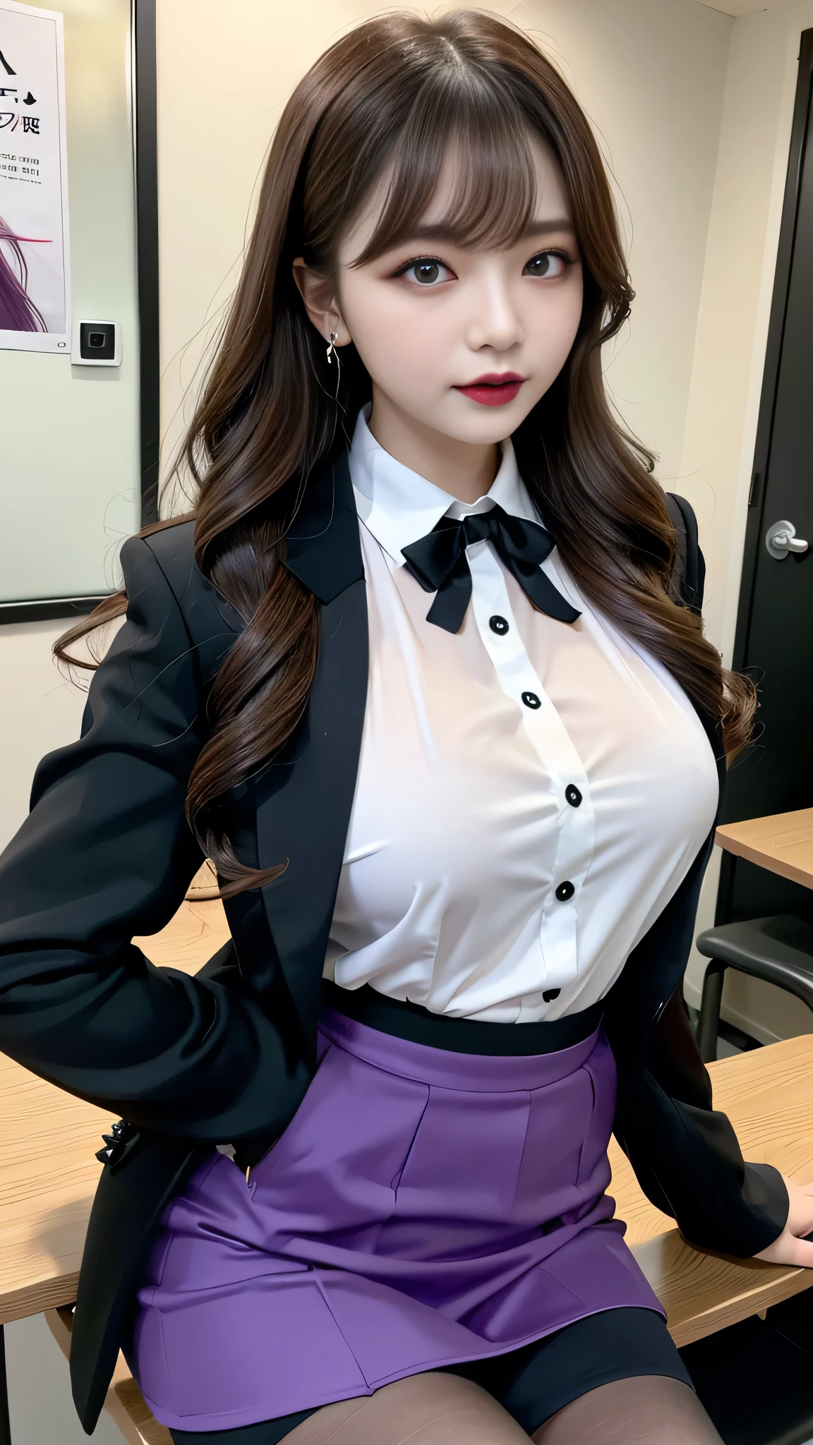 best quality、ultra-detailed、4k、Japanese、Seductive beauty、seductive adult woman、Pretty Woman、cool girl、Villainess、Brainwashed、brainwash、Fallen into evil、smirk、Evil look、Wicked Smile、evil、Brown hair、wavy hair、swept bangs、dark makeup、dark makeup、piercing eyes、hollow eyes,half-closed eyes、Hollow Eyes、Purple Eyeshadow、black lipstick、black lipglos、offce lady、suit、Jacket、ribbon、blouse、Tight Skirt、pantyhose、night、inside school room、Applying lipstick