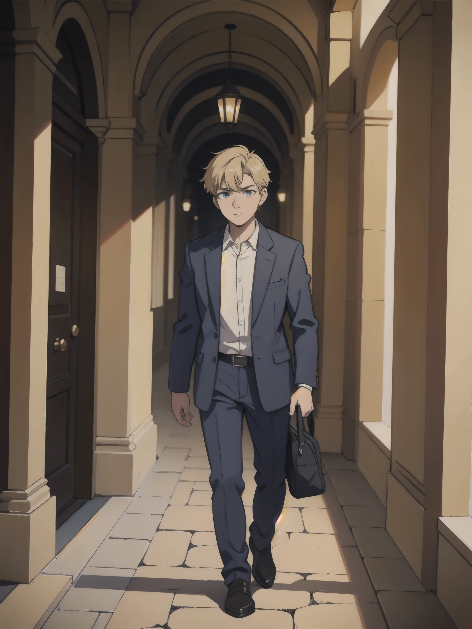 A Caucasian man with short blond hair, abnormally low, is walking in a corridor of a palace