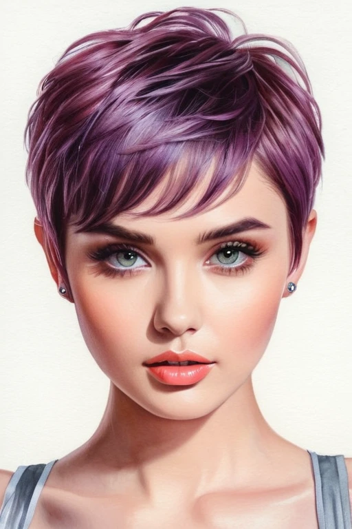 ​​​​Exquisite and detailed pastel watercolor picture, beautiful female Model, perfect eye, same pupil size, same pupil color, same eye size, Pixie Cut Hair, top quality, perfect image, neat finish, realistic expression, perfect form, accurate form, realistic, front shot, correct proportions, symmetry, delicate expression, Sharp shapes, sharp focus, precise focus, high detail, Art Station's trend of beauti