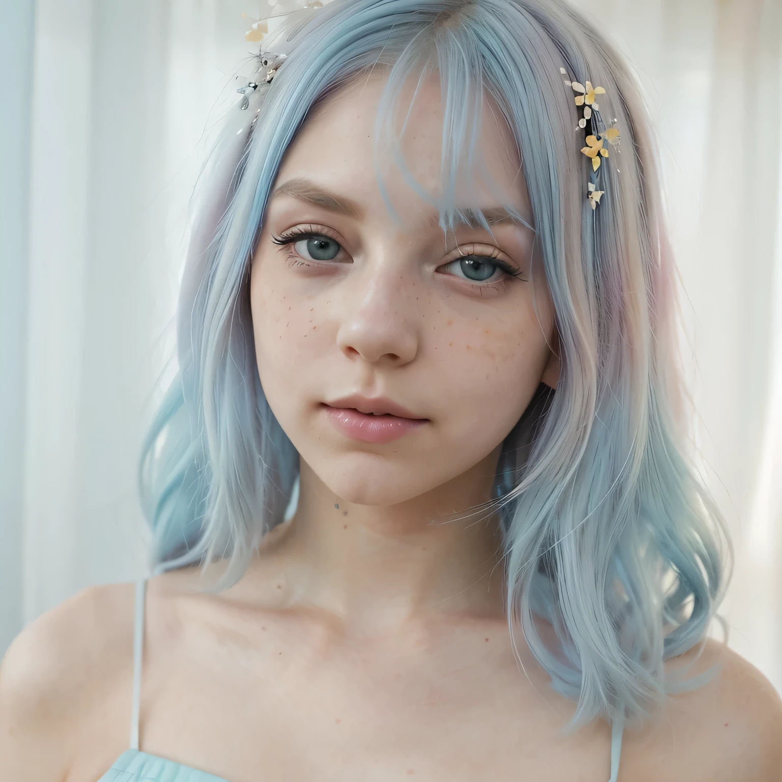 Create a captivating photograph featuring a young woman with pastel blue hair, exuding a natural yet ethereal charm. Emphasize her unique features, including her pale skin adorned with delicate freckles, which add to her individuality and authenticity. Enhance her eyes with a subtle touch of yellow eyeshadow, adding a pop of color that complements the pastel tones of her hair and overall aesthetic. Surround her with soft, pastel colors in the background, creating a dreamy atmosphere that enhances the whimsical nature of the scene. Aim to capture the essence of her youthful beauty and free-spirited demeanor, evoking a sense of enchantment and wonder