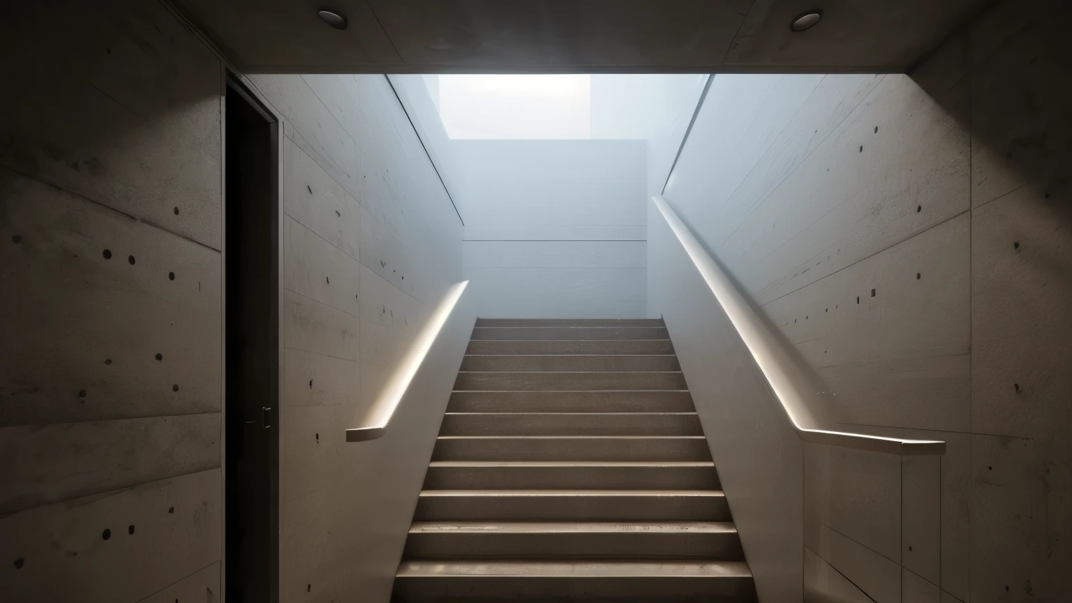 SCP-087 - The Stairwell, from SCP lore, is an unlit platform staircase whose access door (disguised to resemble a janitorial closet) descends from a corridor located on a university campus, the stairs descend on a 38 degree angle for 13 steps before reaching a semicircular platform of approximately 3 meters in diameter, Descent direction rotates 180 degrees at each platform; the staircase seems to have no visible end, The design of the stairwell limits subjects to a visual range of approximately flights, there are no lighting fixtures or windows present and no visible lighting sources; it is pitch black with white and black and with bare concrete walls; detailed matte painting concept art, atmospheric, diffused lighting, eerie vibes, atmospheric, cinematic, dim light, by artgerm, by karol bak, 3 d, trending on artstation, octane render, 8 k, masterpiece