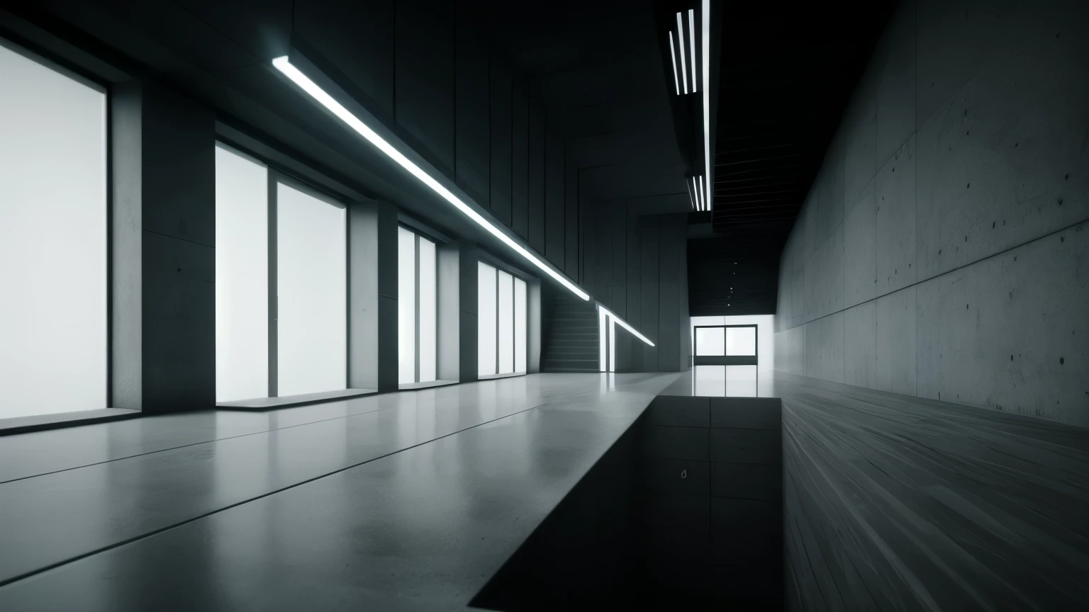 SCP-087 - The Stairwell, from SCP lore, is an unlit platform staircase whose access door (disguised to resemble a janitorial closet) descends from a corridor located on a university campus, the stairs descend on a 38 degree angle for 13 steps before reaching a semicircular platform of approximately 3 meters in diameter, Descent direction rotates 180 degrees at each platform; the staircase seems to have no visible end, The design of the stairwell limits subjects to a visual range of approximately flights, there are no lighting fixtures or windows present and no visible lighting sources; it is pitch black with white and black and with bare concrete walls; detailed matte painting concept art, atmospheric, diffused lighting, eerie vibes, atmospheric, cinematic, dim light, by artgerm, by karol bak, 3 d, trending on artstation, octane render, 8 k, masterpiece