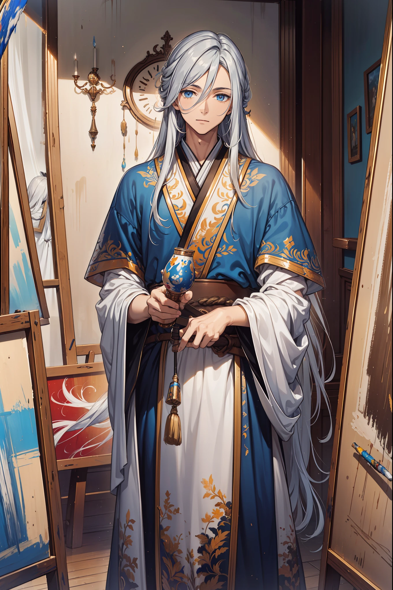(Best quality, A high resolution, Textured skin, High quality, High details, High details,Extremely detailed CG unity), (male), handsome male, long white hair, white hair, silver hair, blue eyes, Enchanted，having fun，Being in love，artist in fantasy world, exquisite costumes，solo person，day, Dazzle, male, handsome, (art studio), (in art studio), male with long hair, silver long hair, white long hair, blue deep eyes, deep eyes, painting male, more details, detailed art studio scene, art studio detailed, (holding paint brush:1), paint materials, art tools, paint tools everywhere, messy art, paint colors, colors everywhere