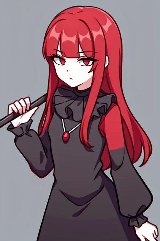 Long black and red hair，Black-red eyes，A witch with a scythe，Best quality at best，Black dress，Complex ornaments