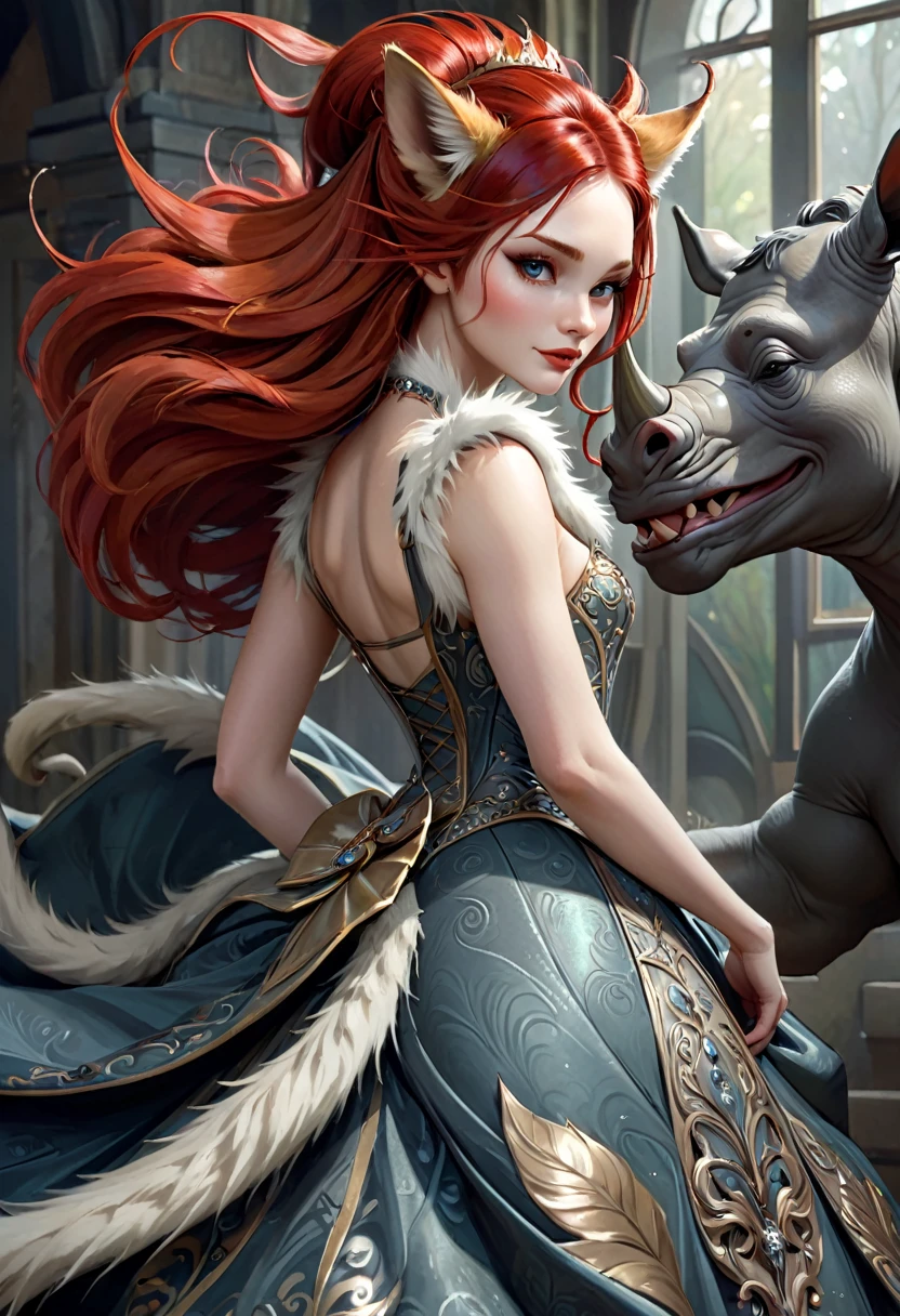 Brian Froud Inspired Gorgeous Alien Creature That Looks Like A Cross Between A Fox And A Rhino Wearing Dress Of Fur. Red Hair. Graceful. Elegant. Ae Inspiring. Official Art, Award Winning Digital Painting, Digital Illustration, Extreme Detail, 4k, Ultra Hd, Rococo, Polished, Intricate, Realistic Fantasy Art, Sharp Focus, Concept Art, Art By Wlop, Artgerm, (2d Vector Illustration)
