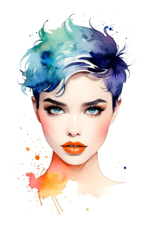 chica de pelo corto pixie arte moderno, minimalismo, contemporary elegance, dreamcore, moda elegante , fusion of watercolor and digital illustration, colores limpios, minimalistas y vibrantes