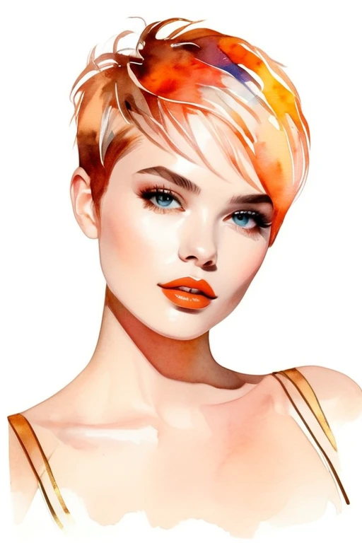 chica de pelo corto pixie arte moderno, minimalismo, contemporary elegance, dreamcore, moda elegante , fusion of watercolor and digital illustration, colores limpios, minimalistas y vibrantes