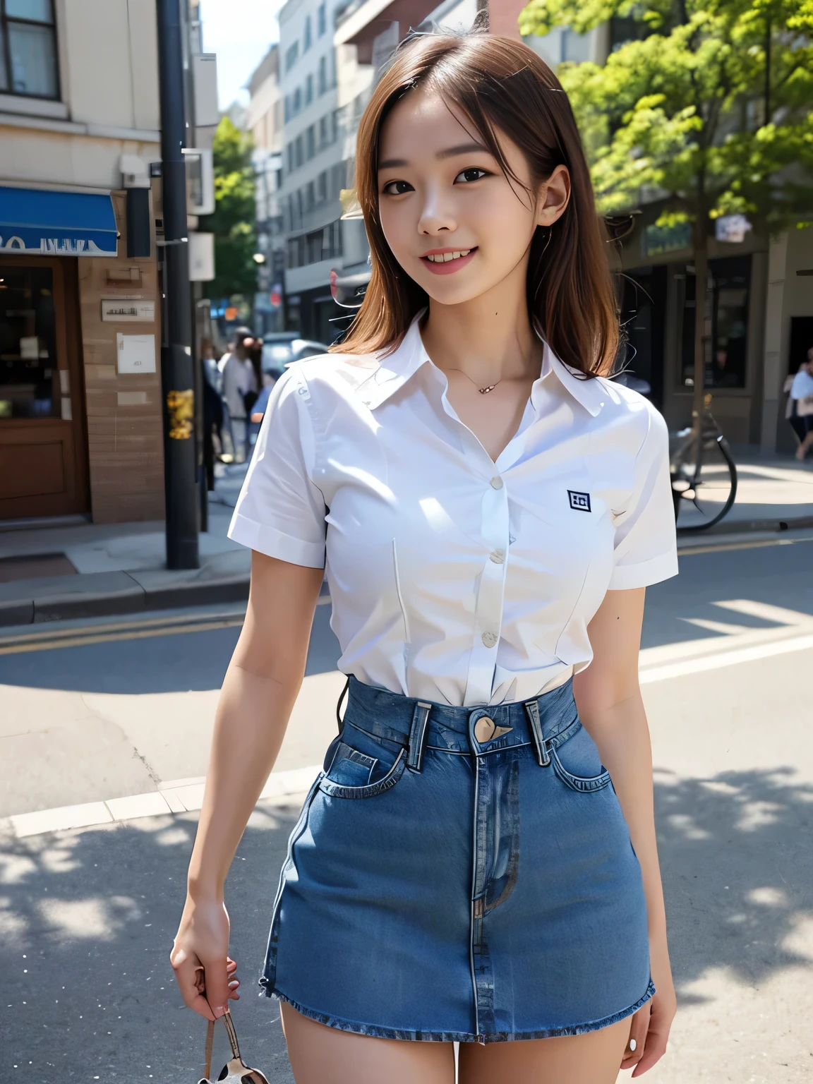 (8KHigh resolution), (highest quality), (RAW Image Quality),(Tabletop:1.2), (Realistic), (Realistic:1.37), Long eyelashes,Exquisite（Live-action Realistic style）,((Cowboy Shot:1.4))、((Shot in the back:1.4))、The ultimate face,Realistic light and shadow,Distinctive facial features,Milky skin,Fair skin, Skin with attention to detail,Realistic skin details,Visible pores,（Very detailed）,Hair length is random, （Flowing Hair）,Take the best portraits,Close-range shooting,Very detailed, One Girl, cute,Beautiful and beautiful eyes, Beautiful and sophisticated nose, Very detailedな肌、(eye contact),(Medium sized chest)、((Medium Breasted:1.4))、(Beautiful face with double eyelids),((Full body image)), (realism: 1.4),High resolution, Great details, ultra High resolution, ((Show your best smile to the audience:1.4))、Favorite Details, High condensation,Delicate and beautiful face,,18-year-old,(Beautiful Face 1.4),thin, ((White collared short sleeve dress shirt:1.4))、((White short-sleeved open-collar shirt:1.4))、((A denim mini skirt that accentuates your thighs:1.7))、((Photo taken on the sidewalk:1.4))、((carrying a pink handbag:1.4))、((smile:1.4))、