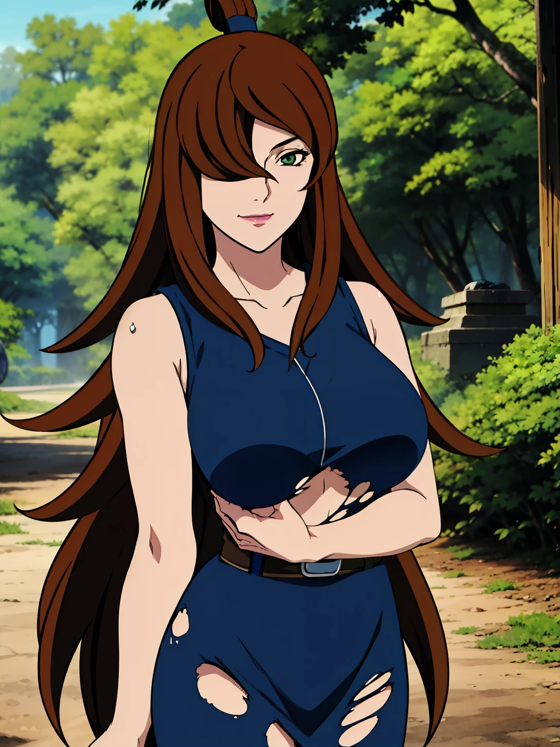 (Torn Clothes : 1), blue dress, mature woman, outdoor, 25 yo, Mei Terumi, anime cels style, best quality, high resolution, 1girl, (large breasts:1.2), beautiful face, long hair, brown hair, green eyes, ((hair over one eye)), lipstick, cowboy shot, light smile