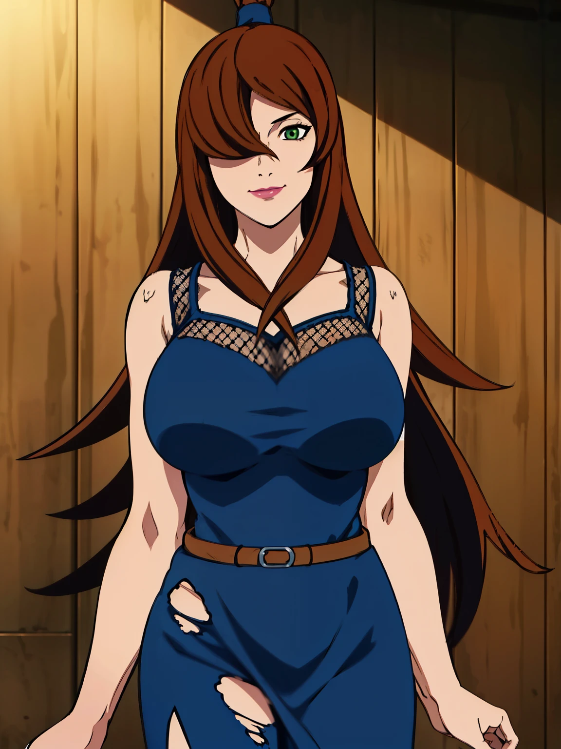 (Torn Clothes : 1), blue dress, mature woman, outdoor, 25 yo, Mei Terumi, anime cels style, best quality, high resolution, 1girl, (large breasts:1.2), beautiful face, long hair, brown hair, green eyes, ((hair over one eye)), lipstick, cowboy shot, light smile