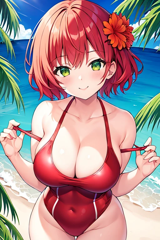 1girl, red hair, medium hair, short hair, flower, flower orbament, ornament, hair ornament, green eyes, one-piece swimsuit, competition swimsuit, , wide , thick thighs, smile,  suppress, hands on 