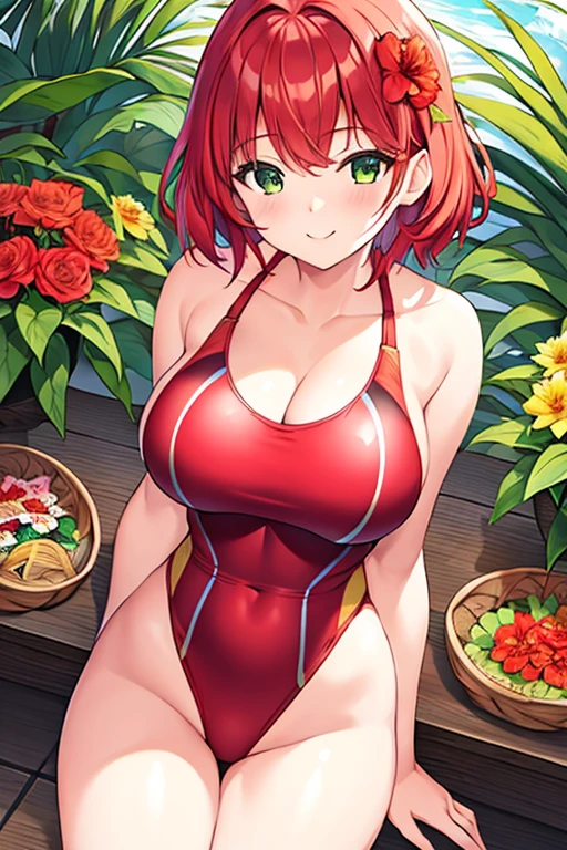 1girl, red hair, medium hair, short hair, flower, flower orbament, ornament, hair ornament, green eyes, one-piece swimsuit, competition swimsuit, large breasts, wide hips, thick thighs, smile, breast suppress, hands on breasts