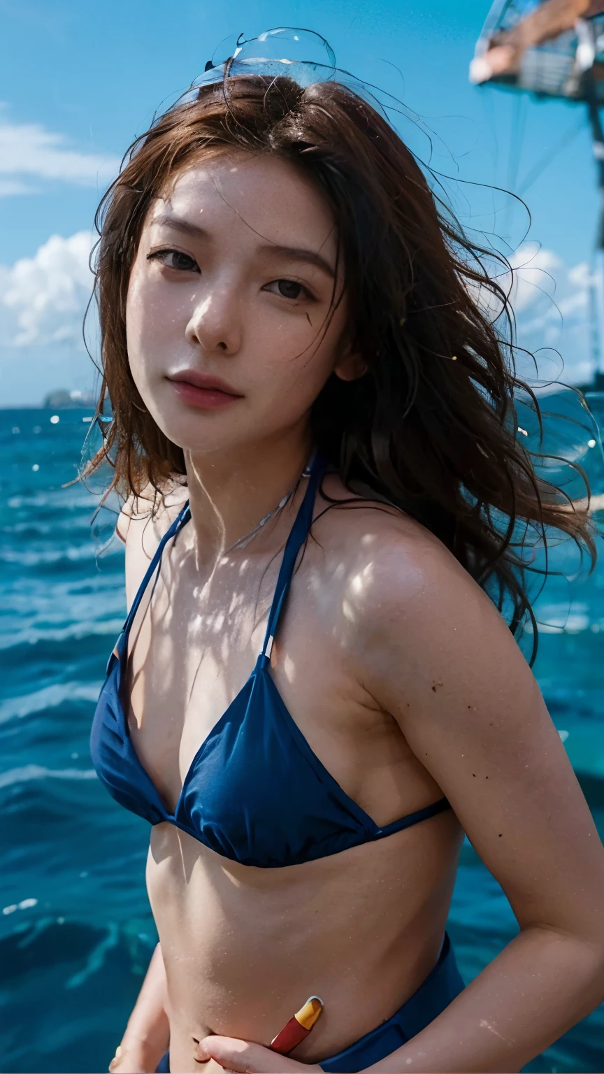 Beautiful woman, Korean, Vietnamese, ((strap bikini)), rock, In the middle of the sea, By the sea, Long curly hair, fit, Not fat, ((Small chest)), Cup B