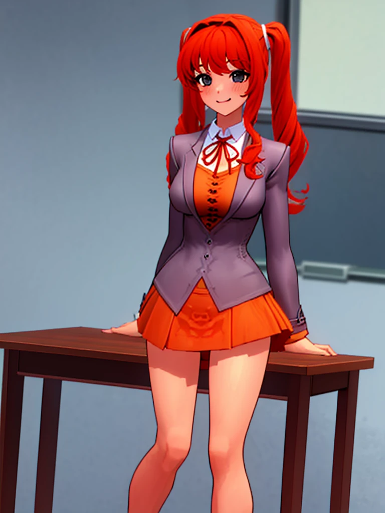 Twintail, red haired, 1girl, grey eyes, well toned, well built, muscled, toned muscles, (masterpiece), best quality, highres, solo, ribbon, white ribbon, hair ribbon, brown jacket, jacket, long sleeves, smiling, indoors, classroom background, standing, looking at the viewer, (ddlc school uniform:1.3), (showing dripping naked pussy:1.3)、 sitting, spread legs unbuttoned uniform, lingerie, visible bra