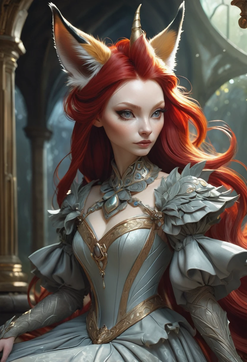 Brian Froud Inspired Gorgeous Alien Creature That Looks Like A Cross Between A Fox And A Rhino Wearing Dress Of Fur. Red Hair. Graceful. Elegant. Ae Inspiring. Official Art, Award Winning Digital Painting, Digital Illustration, Extreme Detail, 4k, Ultra Hd, Rococo, Polished, Intricate, Realistic Fantasy Art, Sharp Focus, Concept Art, Art By Wlop, Artgerm, (2d Vector Illustration)
