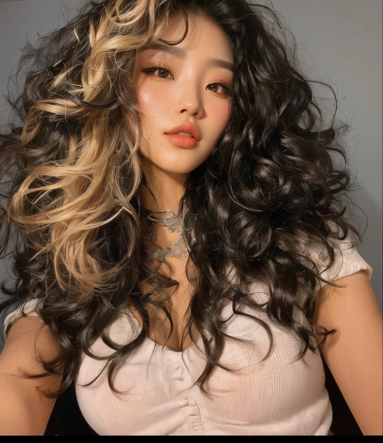 Coreana, asiatica, cabelo preto, mecha loira, big lips
