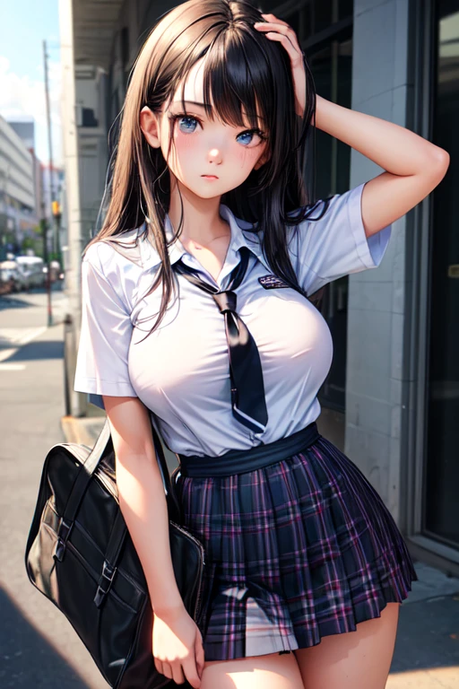 1  girl,expressionless,(cowboy shot:1.2),(big eyes),tall,{(black hair),medium hair,(straight hair),swept bangs},(big breasts),break,{school uniform,short sleeve shirt,break,(plaids skirt),tie},(legs),arm up,(Fine eyes and skin),(Detailed facial features) ,(Perfect Style),(Beautiful Face),at city