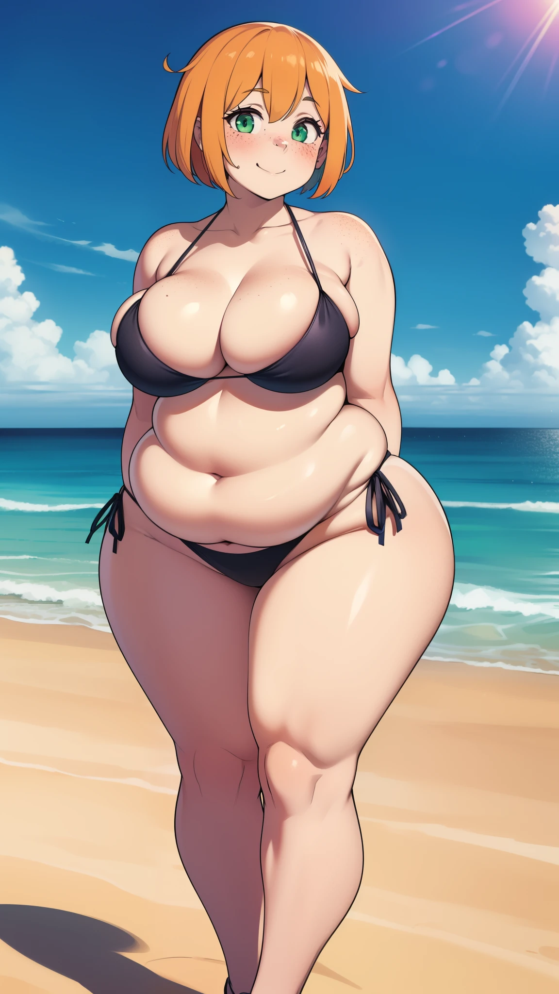 ((highres)), Masterpiece, high quality, best quality, beautiful, perfect lighting, detailed face, ultra cute face, ((1girl)), ((solo), short fluffy orange hair, green eyes, freckles, ((blush)), sweet smile, looking at viewer, arms behind back, standing on a beach, (beach), daytime, side tie bikini, (((thick thighs))), ((wide hips)), cleavage, medium breast, chubby, 20 year old female, 