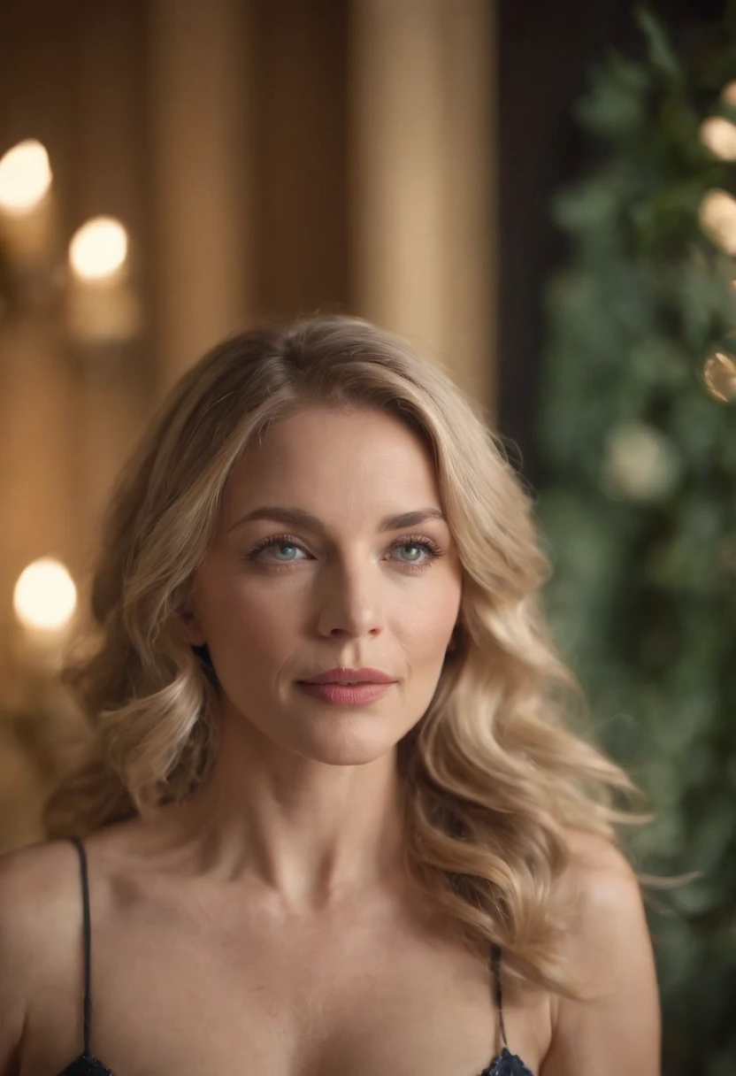 As the camera pans around the room, the magical bokeh of the lights creates a dreamlike atmosphere. No centro da sala, is a 45 year old milf goddess with wavy blonde hair, boca grande, fleshy lips and blue eyes. She wears a shirt with a generous neckline, drawing attention to her large breasts., adding a touch of mystery to its already intriguing presence. its intricate details adding to the overall cinematic feel of the scene.