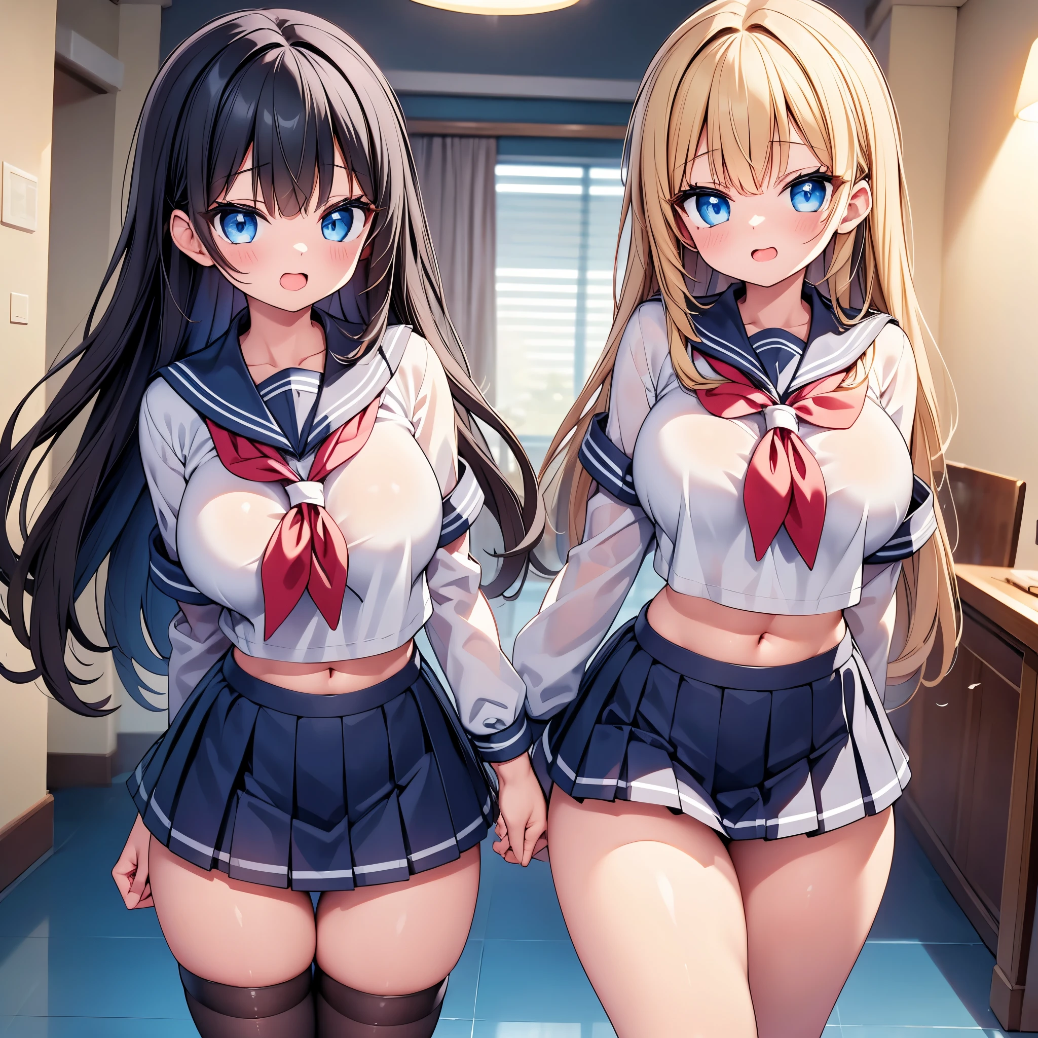 (cute eyes:1.2), (sparkling eyes:1.2), highest quality,wonderful,finely,extremely detailed CG Unity 8K wallpaper, Sisters flock together, All the girls are sisters, clone, Identical sisters, (sailor uniform, clothed), (huge breasts), (open mouth:1.1), (long tongue:1.1), (mouth drool:1.1), (black stockings:1.1),(Thighs:1.3),(Waistline:1.1),(midriff peek:1.1)